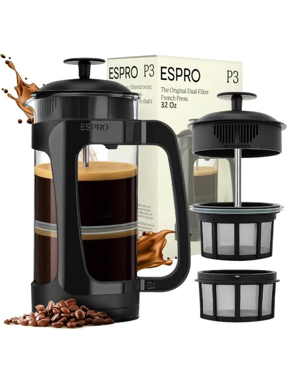 32oz French Press Coffee Maker - Grit-Free, Heat-Resistant Glass, Double Filter